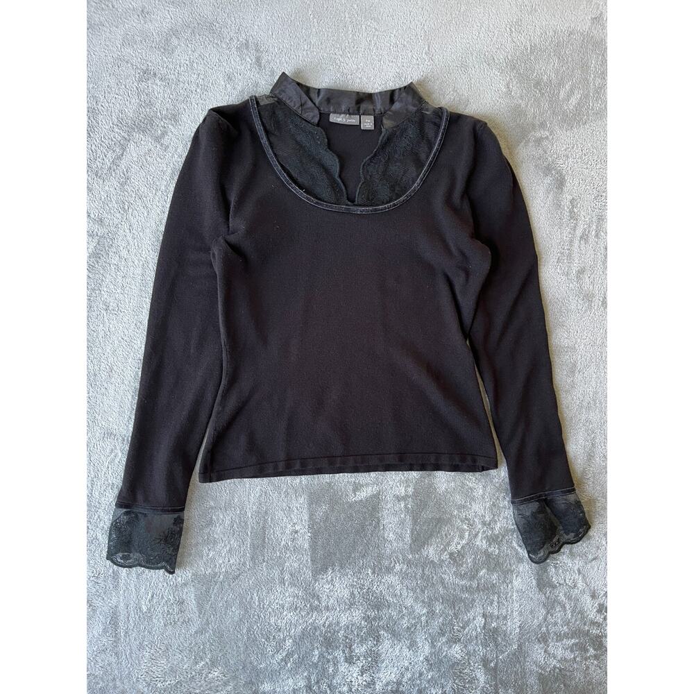 Vintage Y2K Black Lace Trim Top PM Medium Apt 9 Whimsigoth Stretchy Long Sleeved - Picture 2 of 14
